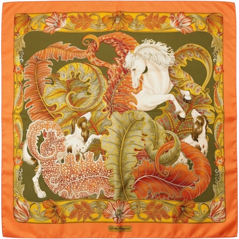 Salvatore Ferragamo Silk Scarf Orange Olive Horse Dog Equestrian Made in Italy